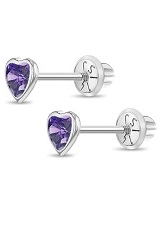 catchy 14k white gold 4mm purple bazel heart cubic zirconia baby birthstone earrings 